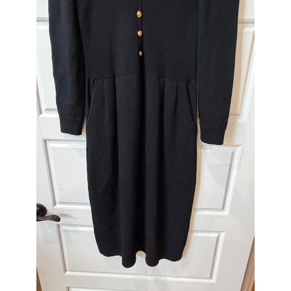 VTG St. John Saks 5th Avenue Black Santana Knit Midi Dress Gold Buttons Medium - Picture 4 of 8